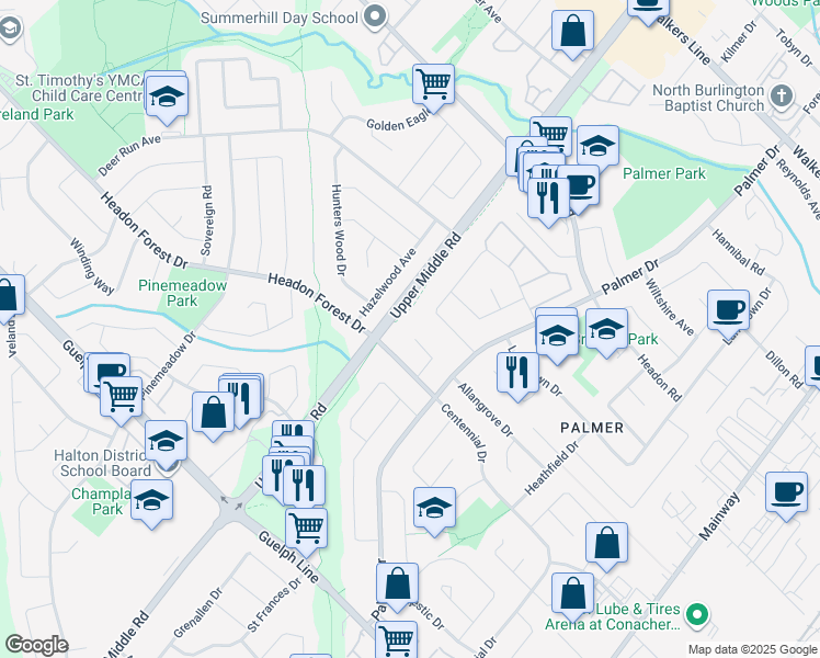 map of restaurants, bars, coffee shops, grocery stores, and more near 1499 Clinton Court in Burlington