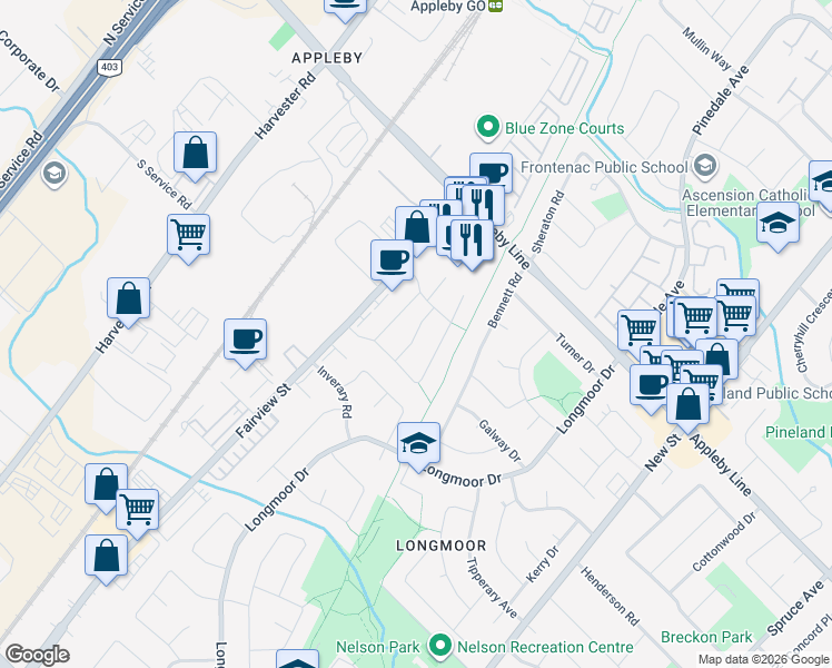 map of restaurants, bars, coffee shops, grocery stores, and more near Vallence Drive in Burlington