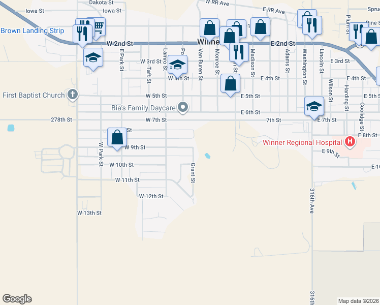map of restaurants, bars, coffee shops, grocery stores, and more near 301-499 Hillside Drive in Winner