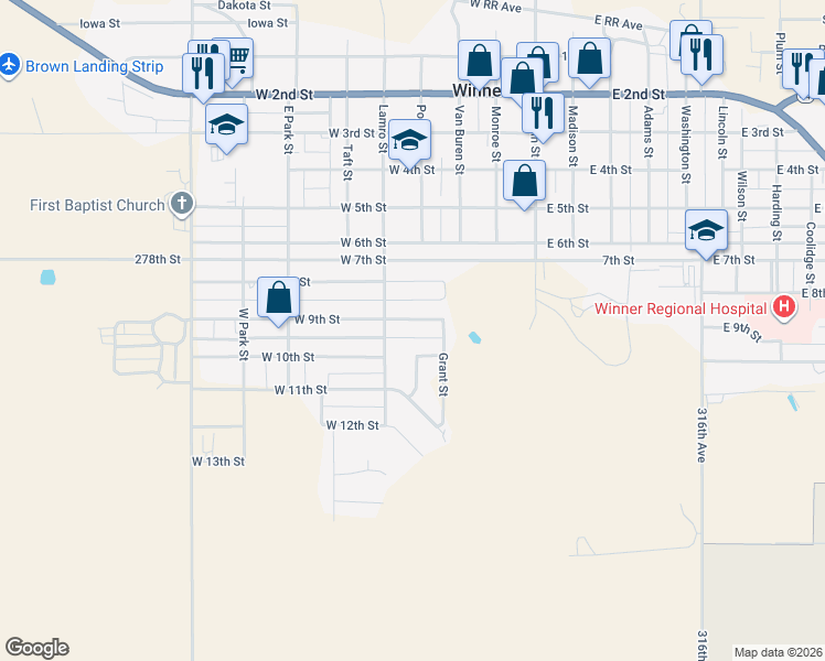 map of restaurants, bars, coffee shops, grocery stores, and more near 301-499 Hillside Drive in Winner