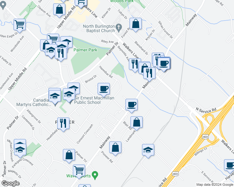 map of restaurants, bars, coffee shops, grocery stores, and more near Hannibal Road in Burlington