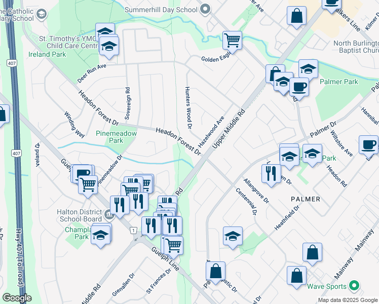 map of restaurants, bars, coffee shops, grocery stores, and more near 2024 Headon Forest Drive in Burlington