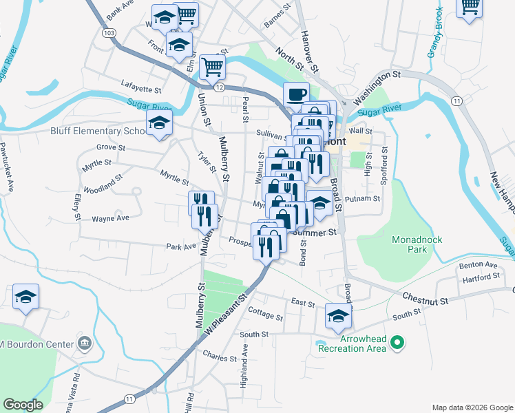 map of restaurants, bars, coffee shops, grocery stores, and more near 83 Summer Street in Claremont