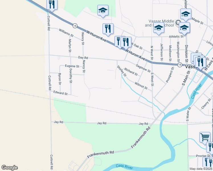 map of restaurants, bars, coffee shops, grocery stores, and more near 1030 King James Court in Vassar