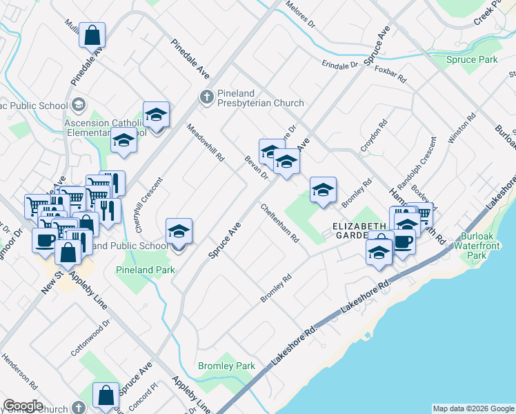 map of restaurants, bars, coffee shops, grocery stores, and more near 5233 Reeves Road in Burlington