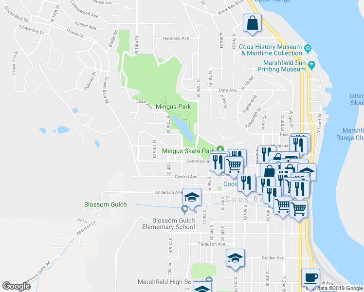 map of restaurants, bars, coffee shops, grocery stores, and more near 266 North 11th Street in Coos Bay