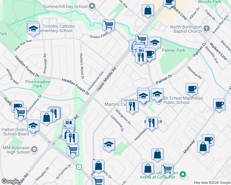 map of restaurants, bars, coffee shops, grocery stores, and more near in Burlington