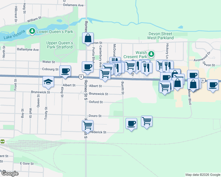 map of restaurants, bars, coffee shops, grocery stores, and more near 577 Albert Street in Stratford