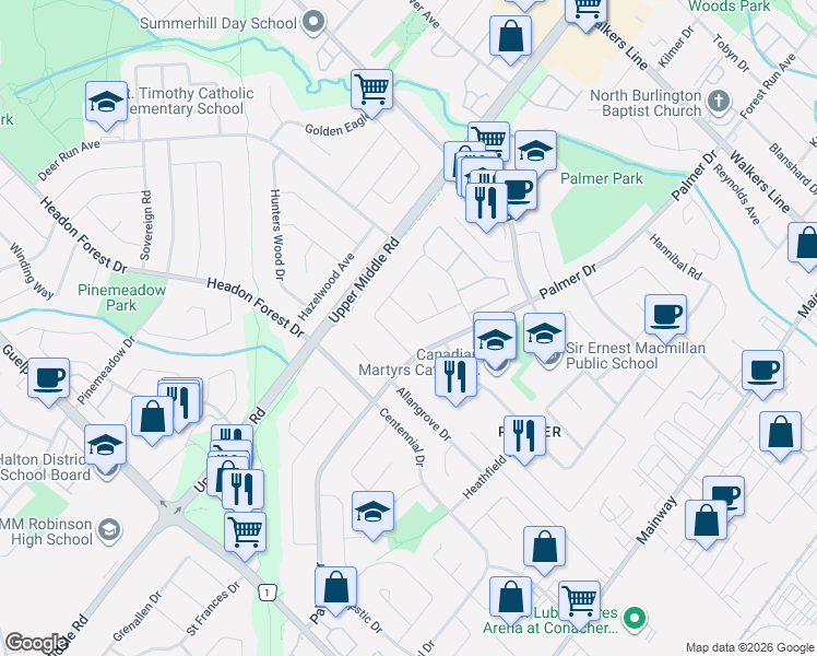 map of restaurants, bars, coffee shops, grocery stores, and more near 1482 Epping Road in Burlington