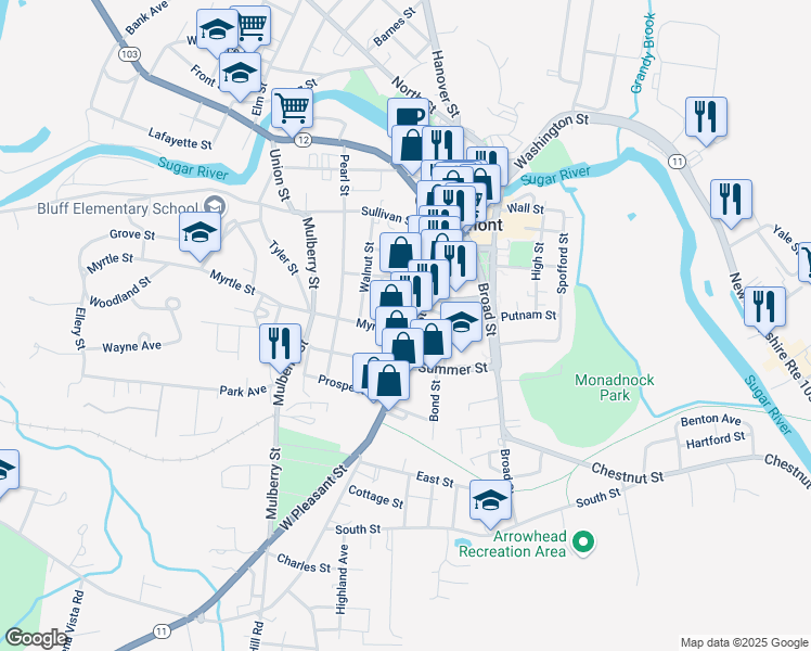 map of restaurants, bars, coffee shops, grocery stores, and more near 109 1/2 Pleasant Street in Claremont