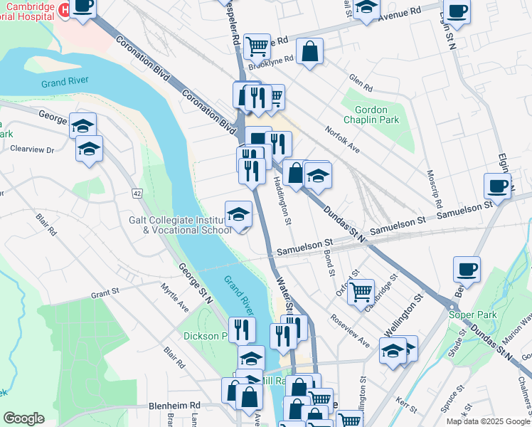 map of restaurants, bars, coffee shops, grocery stores, and more near 219 Waterloo Regional Road 24 in Cambridge