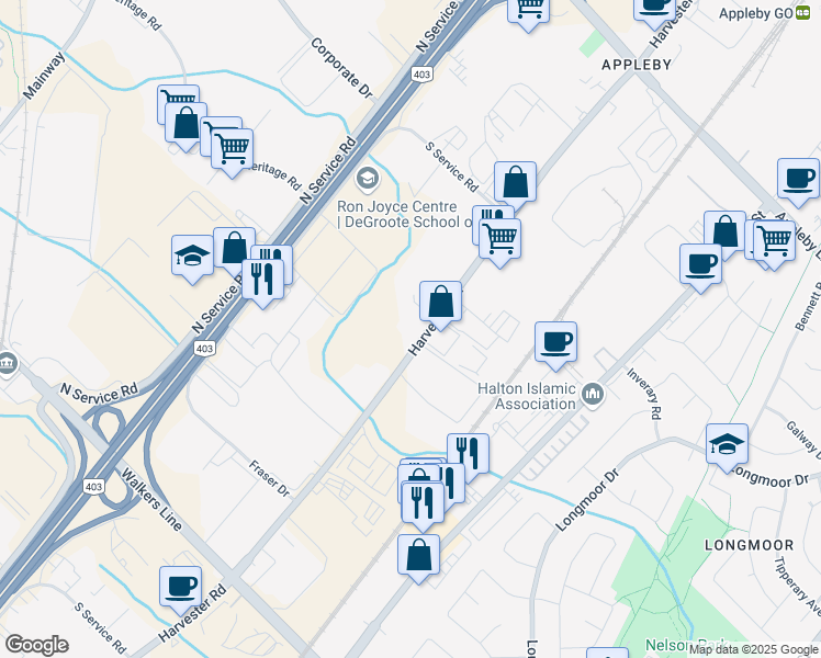 map of restaurants, bars, coffee shops, grocery stores, and more near 4182 Harvester Road in Burlington