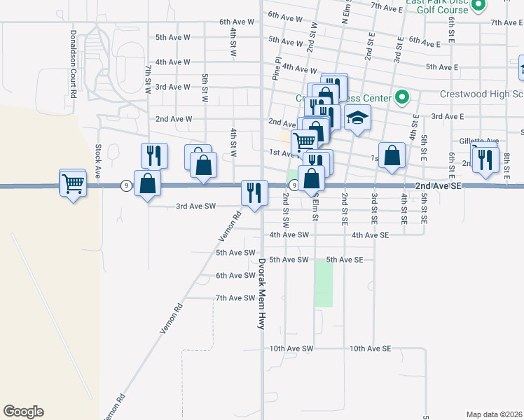 map of restaurants, bars, coffee shops, grocery stores, and more near 301 3rd Street Southwest in Cresco