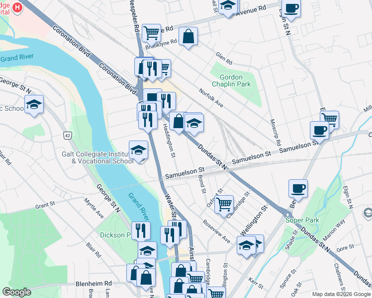 map of restaurants, bars, coffee shops, grocery stores, and more near 30 Hopeton Street in Cambridge