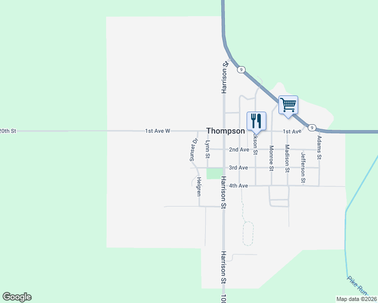 map of restaurants, bars, coffee shops, grocery stores, and more near 166 Sunset Drive in Thompson