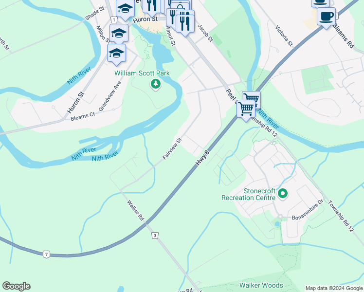 map of restaurants, bars, coffee shops, grocery stores, and more near 477 Fairview Street in New Hamburg