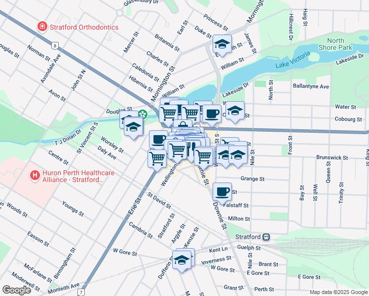 map of restaurants, bars, coffee shops, grocery stores, and more near 24 Wellington Street in Stratford