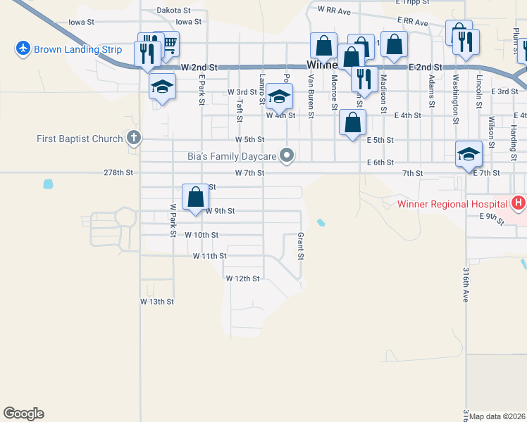 map of restaurants, bars, coffee shops, grocery stores, and more near 900 Lamro Street in Winner