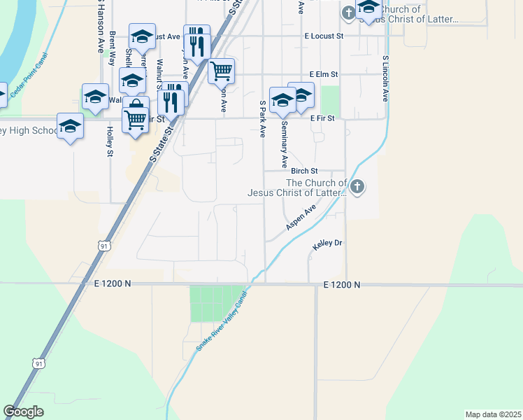 map of restaurants, bars, coffee shops, grocery stores, and more near 700 South Park Avenue in Shelley
