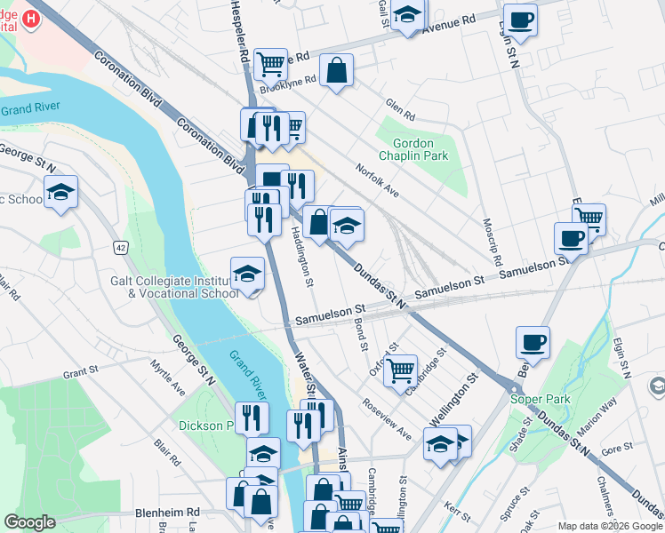 map of restaurants, bars, coffee shops, grocery stores, and more near 34 Hopeton Street in Cambridge