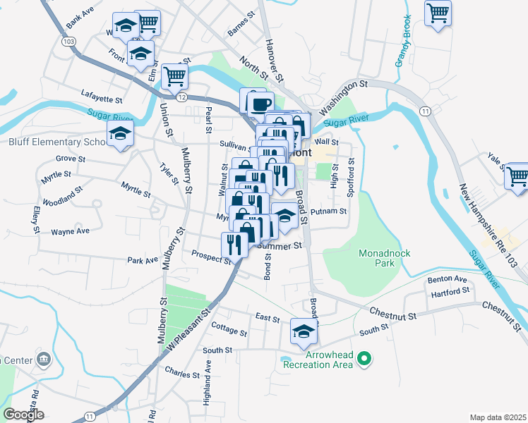 map of restaurants, bars, coffee shops, grocery stores, and more near 72 Pleasant Street in Claremont