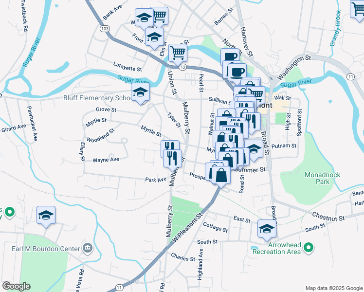 map of restaurants, bars, coffee shops, grocery stores, and more near 46 Mulberry Street in Claremont