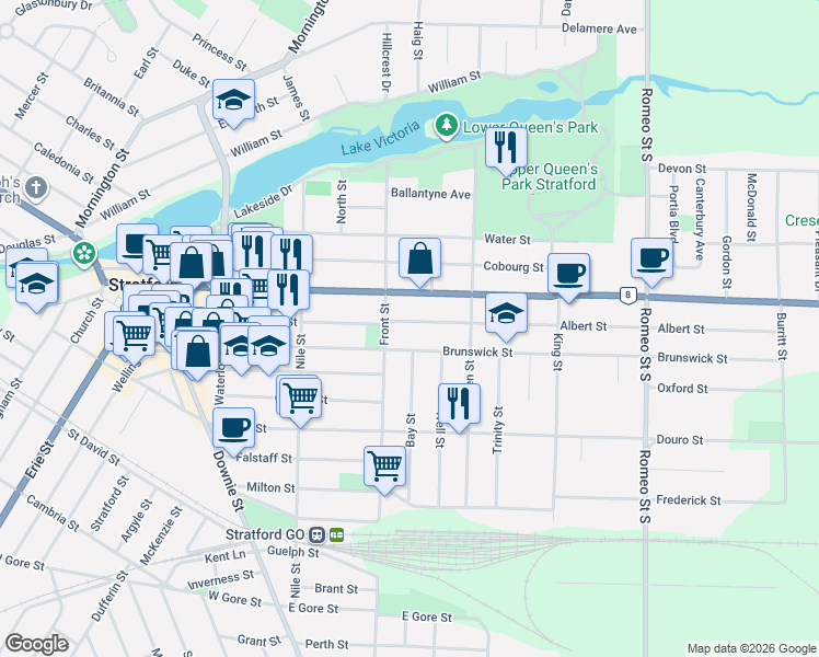 map of restaurants, bars, coffee shops, grocery stores, and more near 261 Albert Street in Stratford