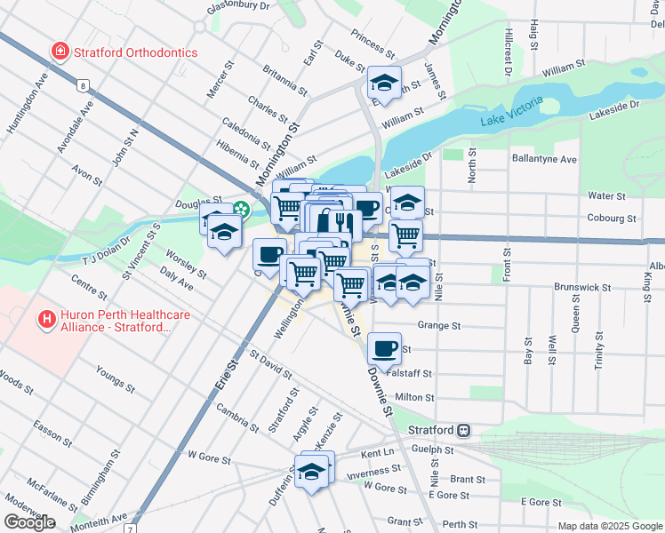 map of restaurants, bars, coffee shops, grocery stores, and more near 47 Downie Street in Stratford