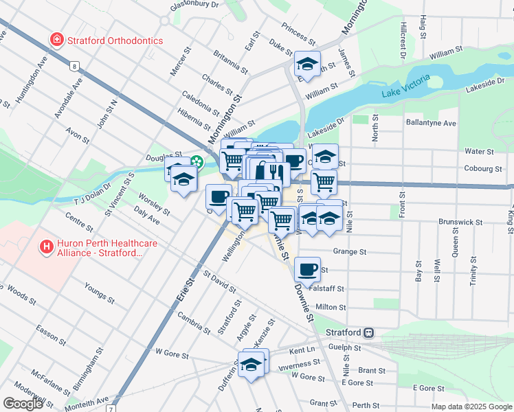 map of restaurants, bars, coffee shops, grocery stores, and more near 6 Wellington Street in Stratford