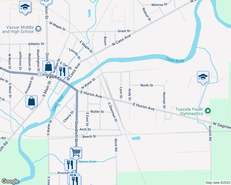 map of restaurants, bars, coffee shops, grocery stores, and more near 224 Lynn Street in Vassar