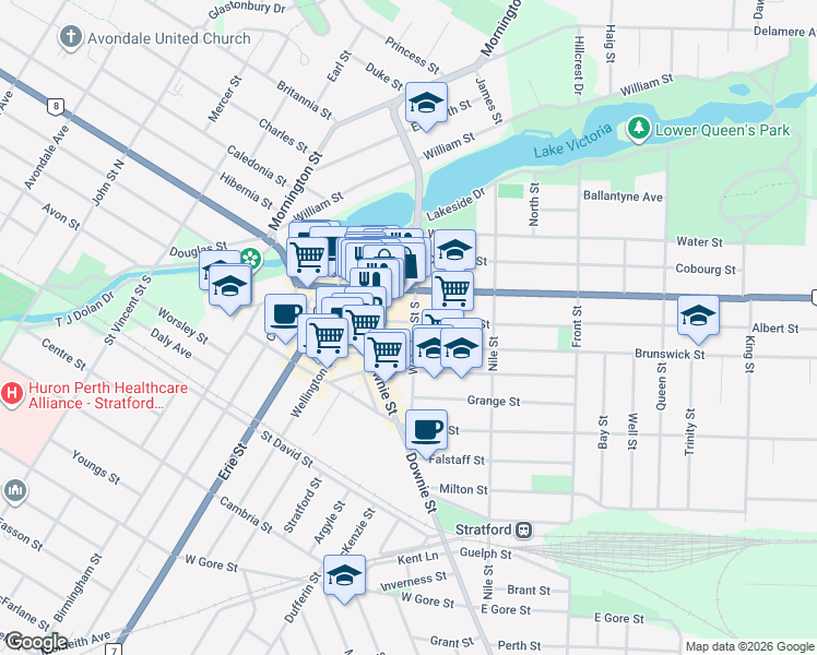map of restaurants, bars, coffee shops, grocery stores, and more near 73 Albert Street in Stratford