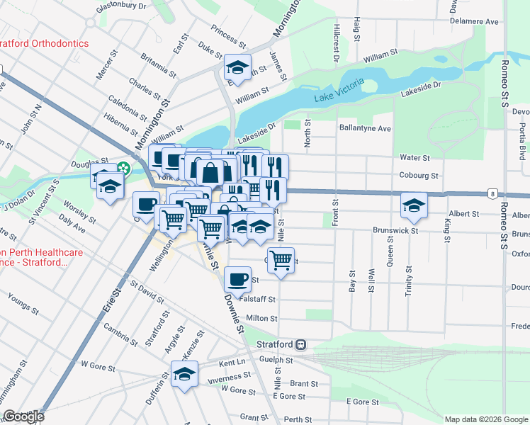 map of restaurants, bars, coffee shops, grocery stores, and more near 137 Albert Street in Stratford