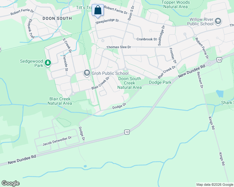map of restaurants, bars, coffee shops, grocery stores, and more near 577 Doonwoods Crescent in Kitchener