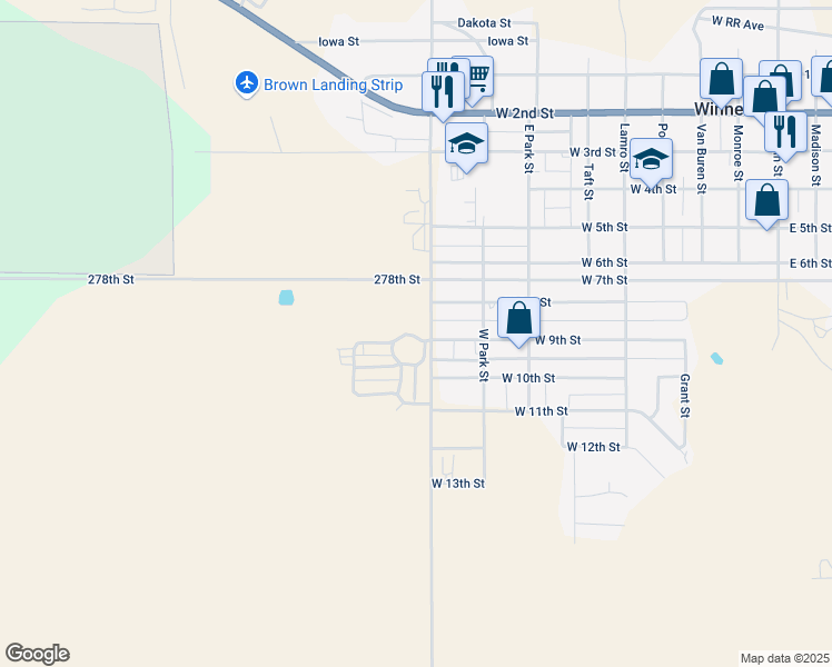 map of restaurants, bars, coffee shops, grocery stores, and more near 901 West 8th Street in Winner
