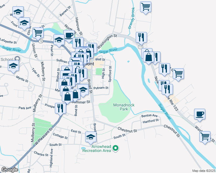 map of restaurants, bars, coffee shops, grocery stores, and more near 52 High Street in Claremont