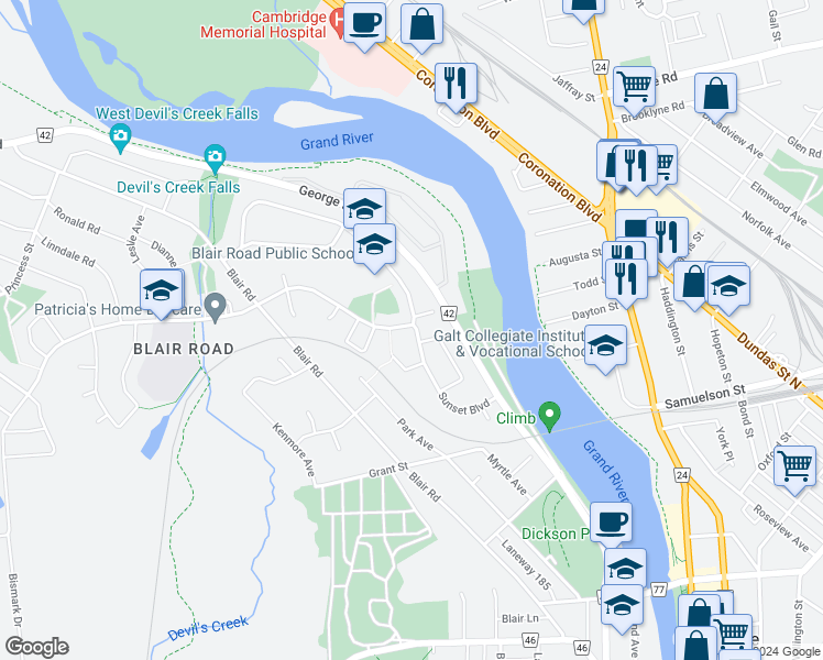 map of restaurants, bars, coffee shops, grocery stores, and more near 155 Sunset Boulevard in Cambridge