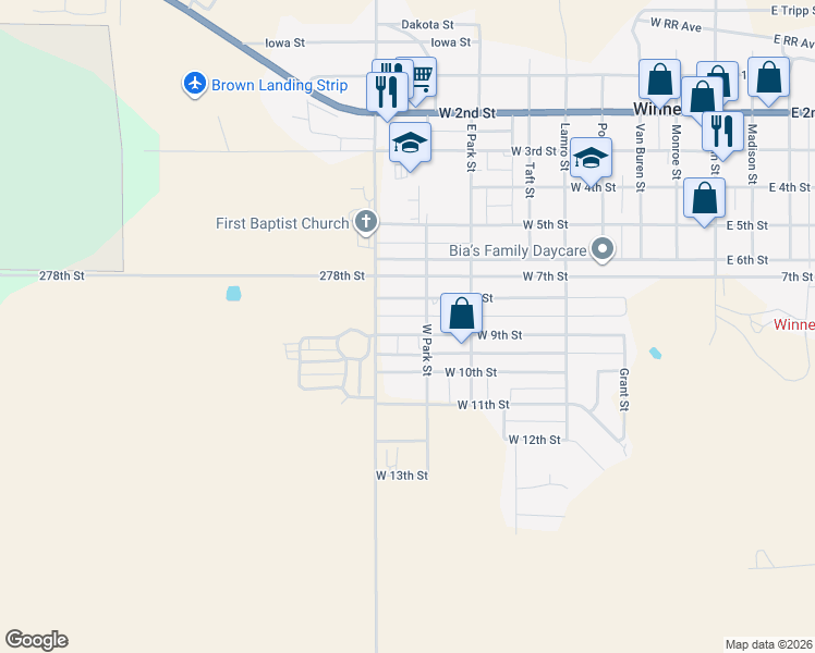 map of restaurants, bars, coffee shops, grocery stores, and more near 801-899 West Park Street in Winner