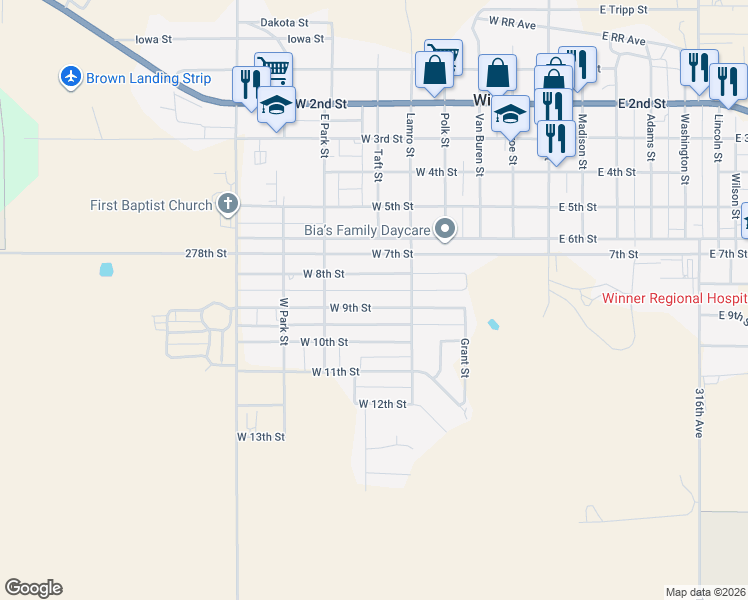 map of restaurants, bars, coffee shops, grocery stores, and more near 501-699 West 8th Street in Winner