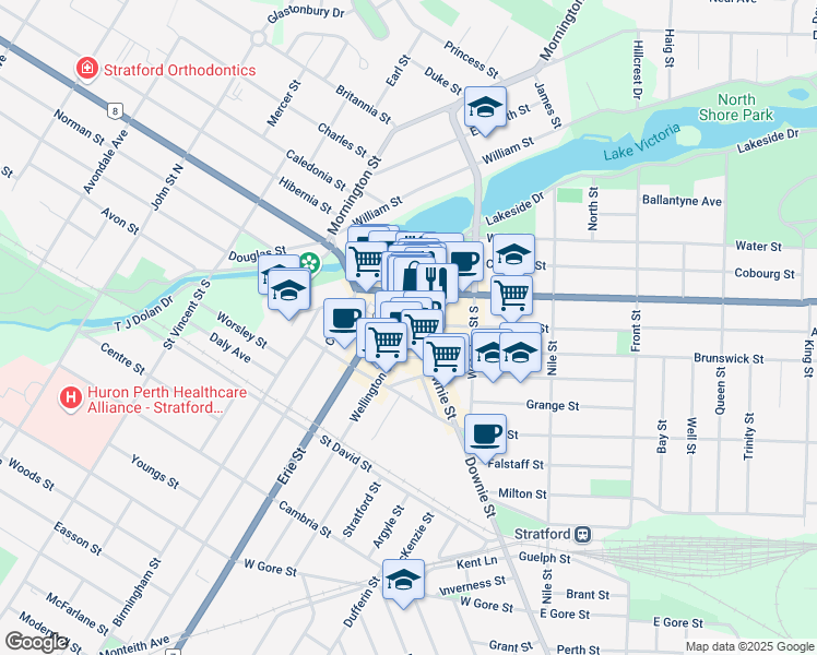 map of restaurants, bars, coffee shops, grocery stores, and more near 6 Wellington Street in Stratford
