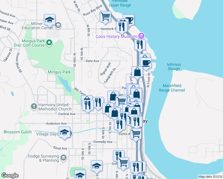 map of restaurants, bars, coffee shops, grocery stores, and more near 525 Park Avenue in Coos Bay