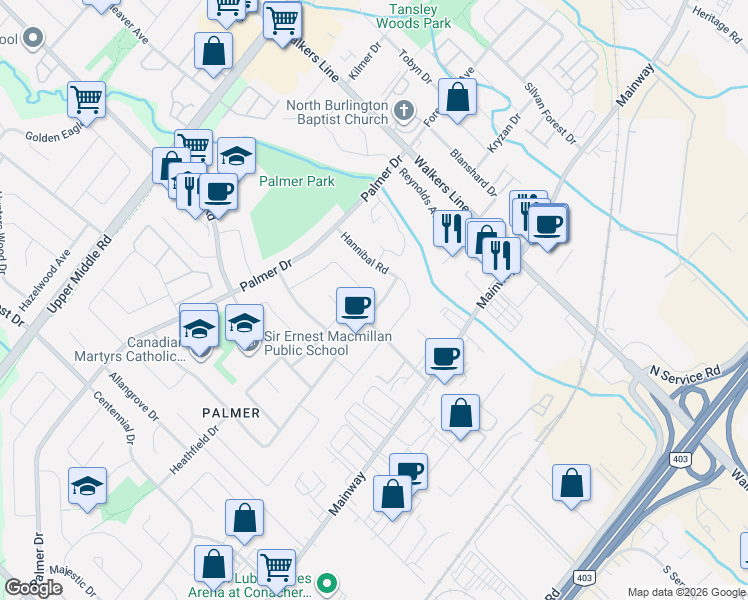 map of restaurants, bars, coffee shops, grocery stores, and more near 3411 Lansdown Drive in Burlington