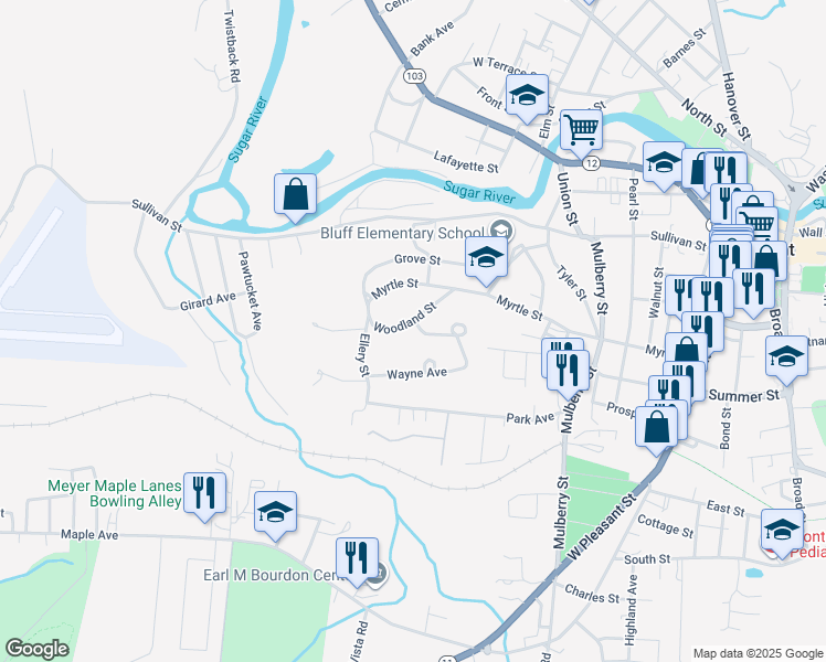 map of restaurants, bars, coffee shops, grocery stores, and more near 35 Woodland Street in Claremont