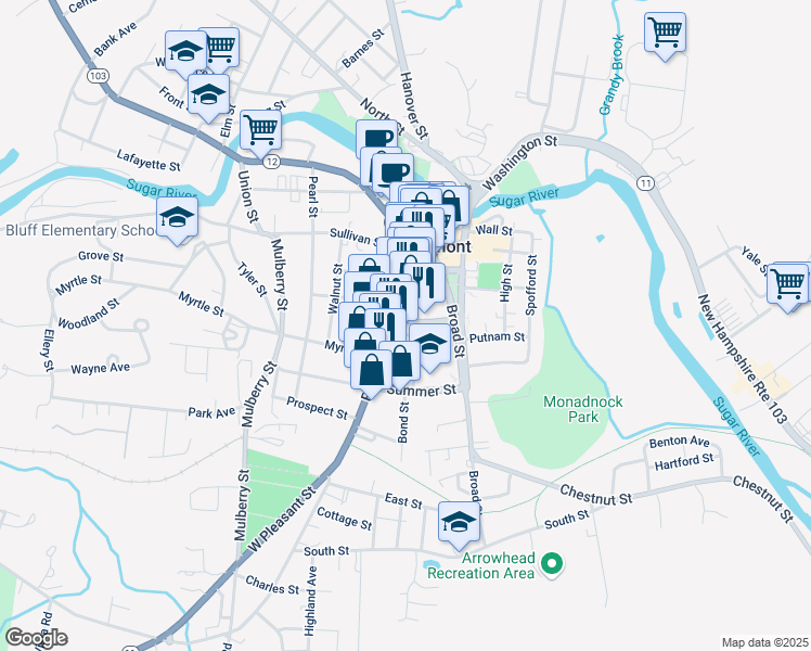 map of restaurants, bars, coffee shops, grocery stores, and more near 72 Pleasant Street in Claremont