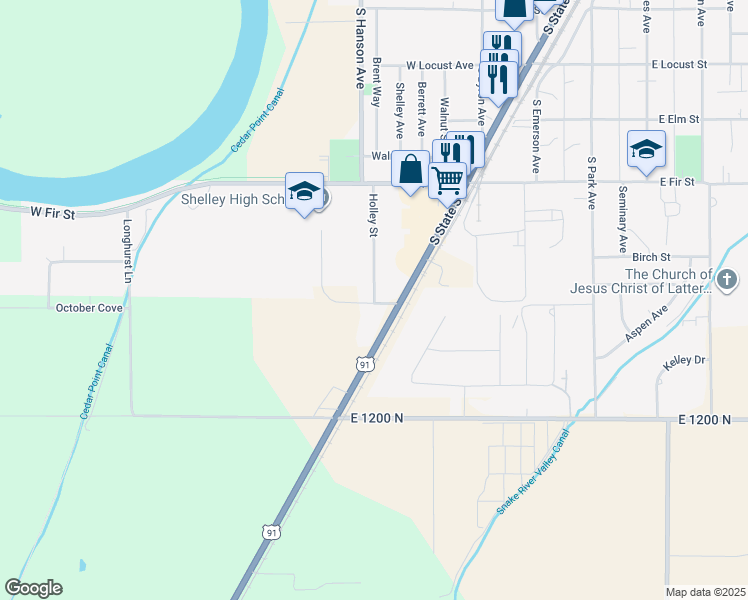 map of restaurants, bars, coffee shops, grocery stores, and more near 699 Holley St in Shelley