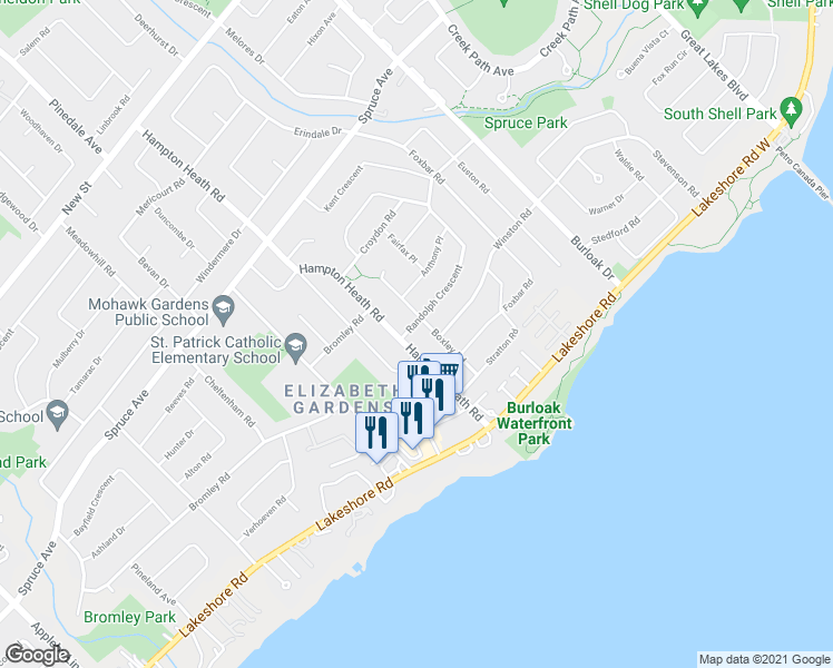 map of restaurants, bars, coffee shops, grocery stores, and more near 5390 Randolph Crescent in Burlington