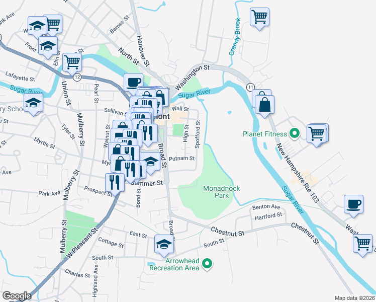 map of restaurants, bars, coffee shops, grocery stores, and more near 52 High Street in Claremont