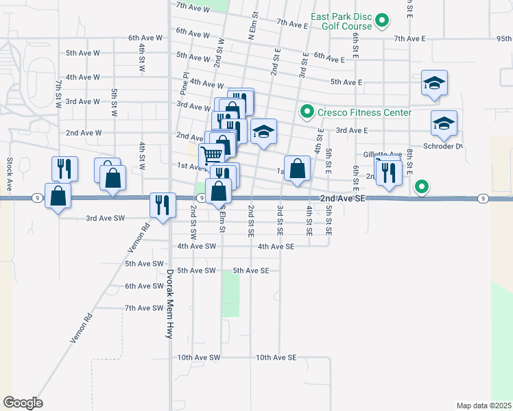 map of restaurants, bars, coffee shops, grocery stores, and more near 205 2nd Avenue Southeast in Cresco