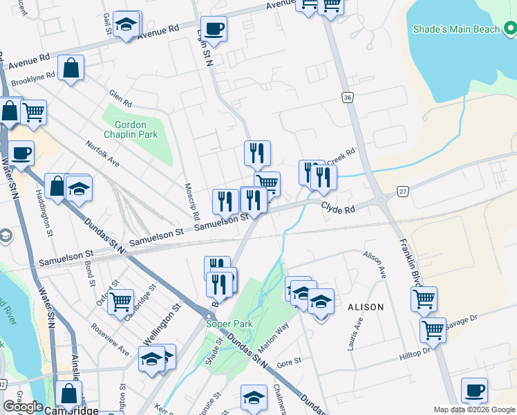 map of restaurants, bars, coffee shops, grocery stores, and more near 210 Samuelson Street in Cambridge