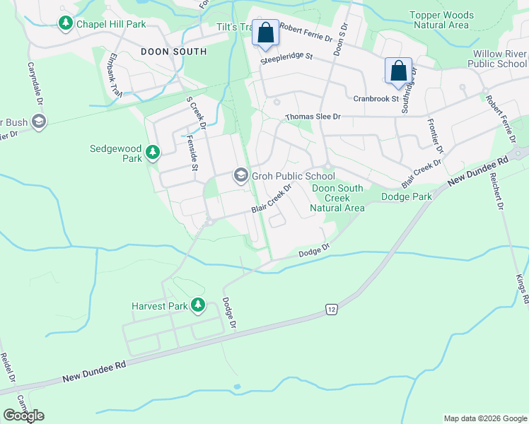 map of restaurants, bars, coffee shops, grocery stores, and more near 639 Blair Creek Drive in Kitchener