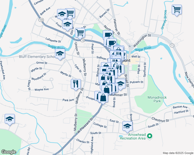 map of restaurants, bars, coffee shops, grocery stores, and more near 45 Walnut St in Claremont
